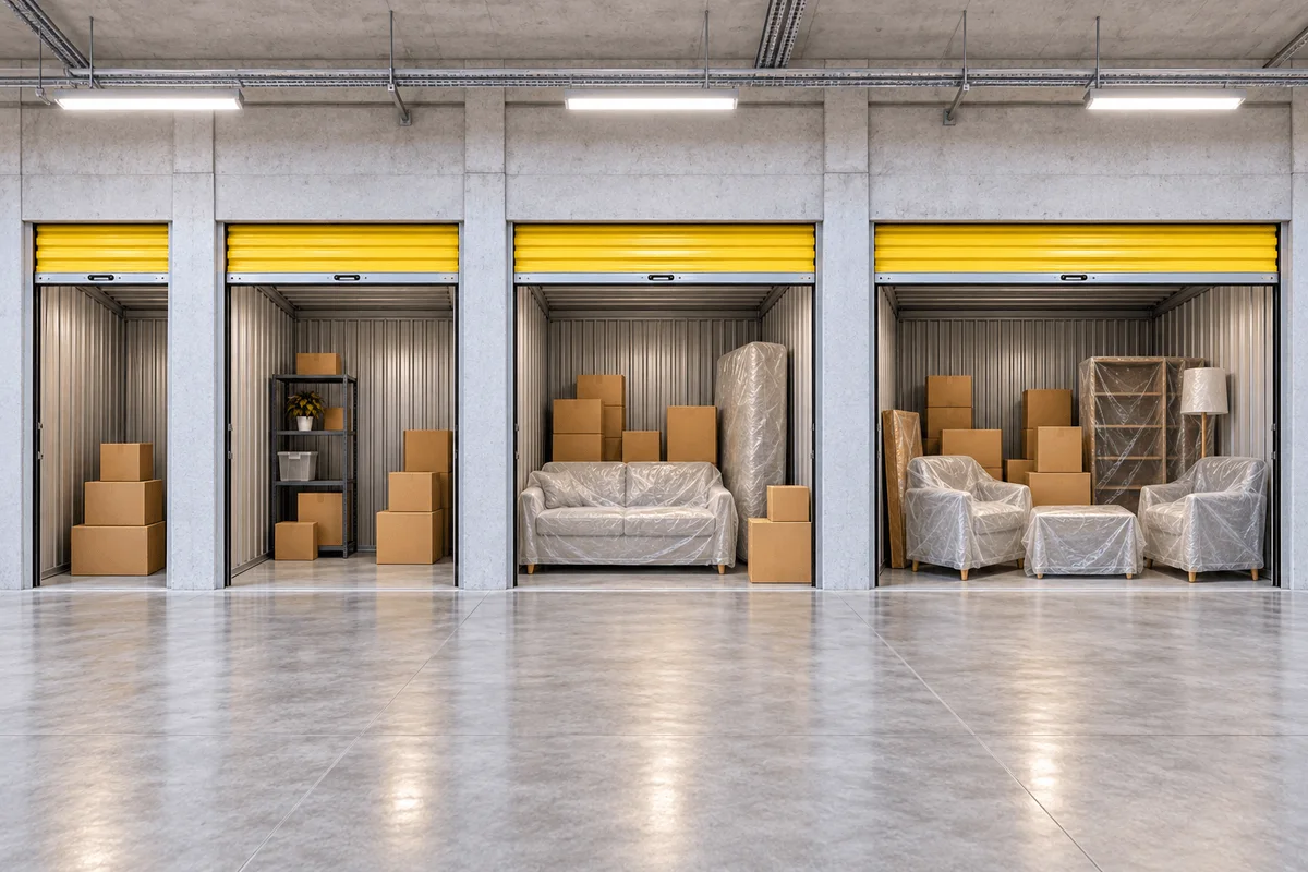 Cuatro minibodegas abiertas de puertas amarillas, de menor a mayor tamaño, con cajas, estantería y muebles cubiertos con plástico