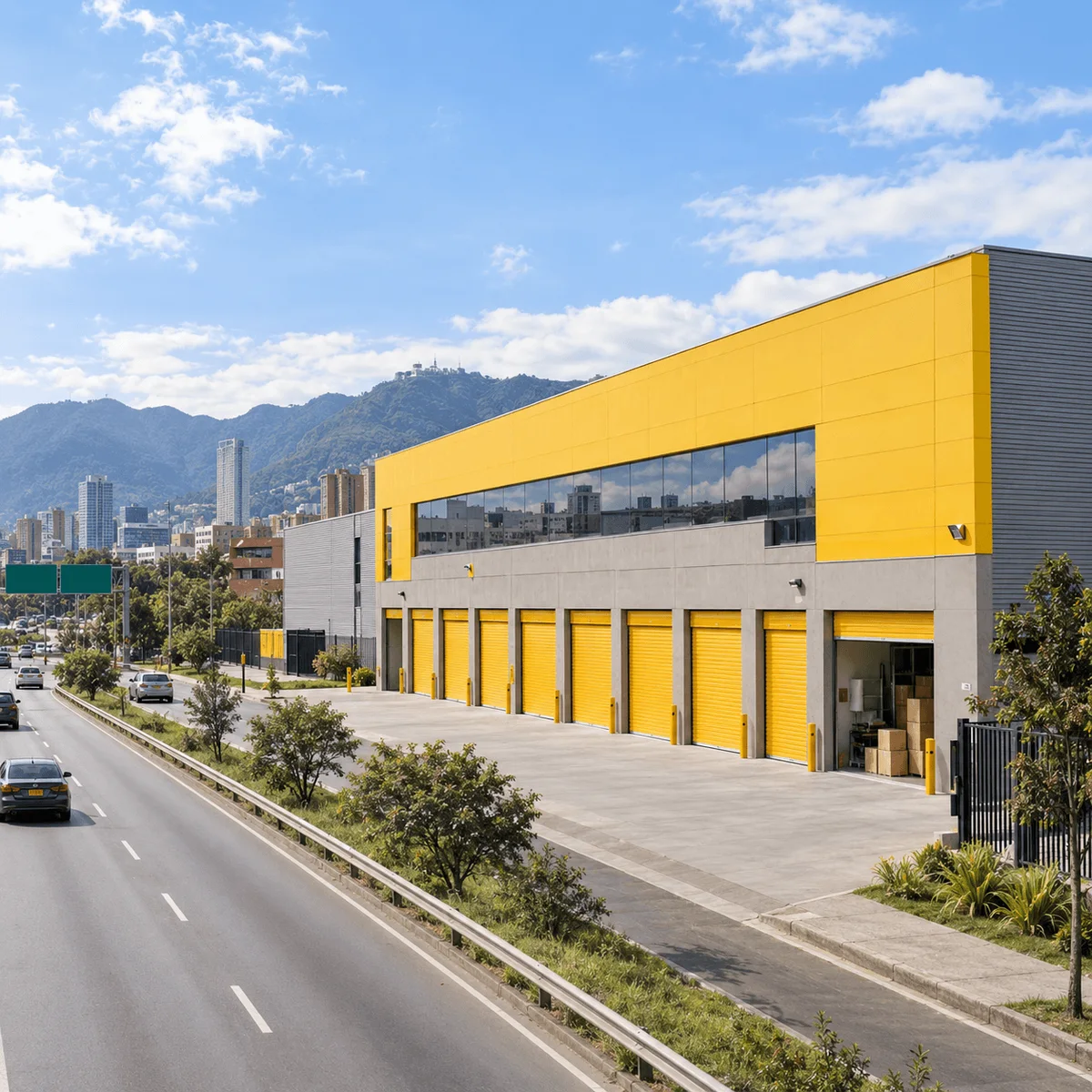 Minibodegas de puertas amarillas junto a la autopista, con patio de acceso vehicular y una bodega abierta con cajas