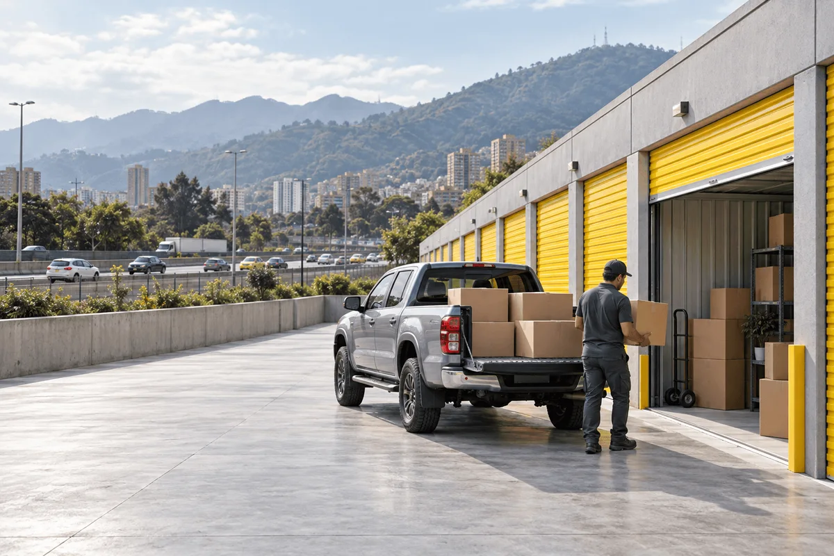 Hombre descargando cajas de una camioneta hacia una minibodega abierta de puertas amarillas, junto a la autopista