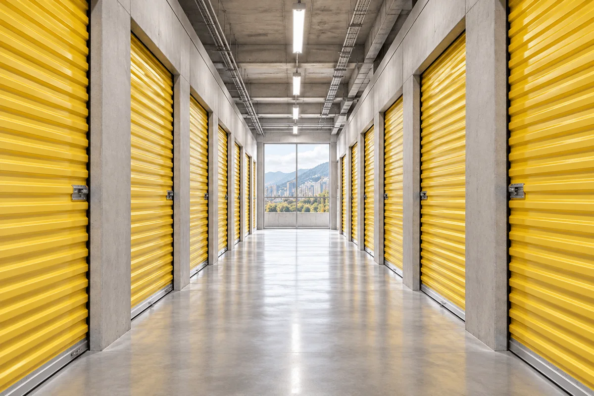 Pasillo interior amplio de minibodegas con puertas amarillas, piso de concreto pulido y ventanal hacia los cerros