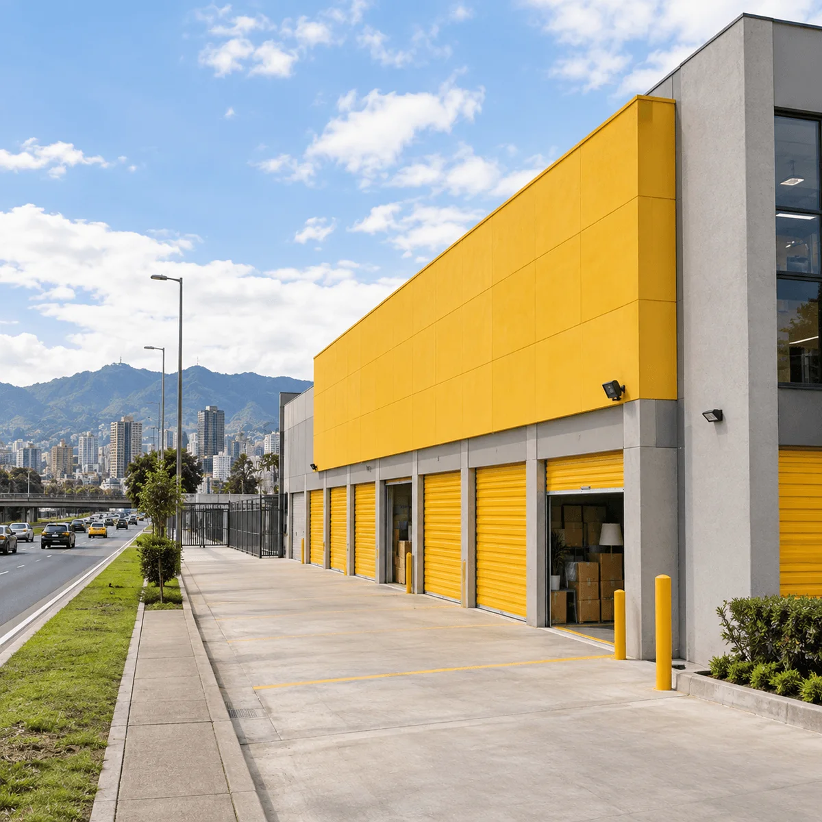Fachada amarilla de la sede Autopista Norte junto a la autopista, con una minibodega abierta