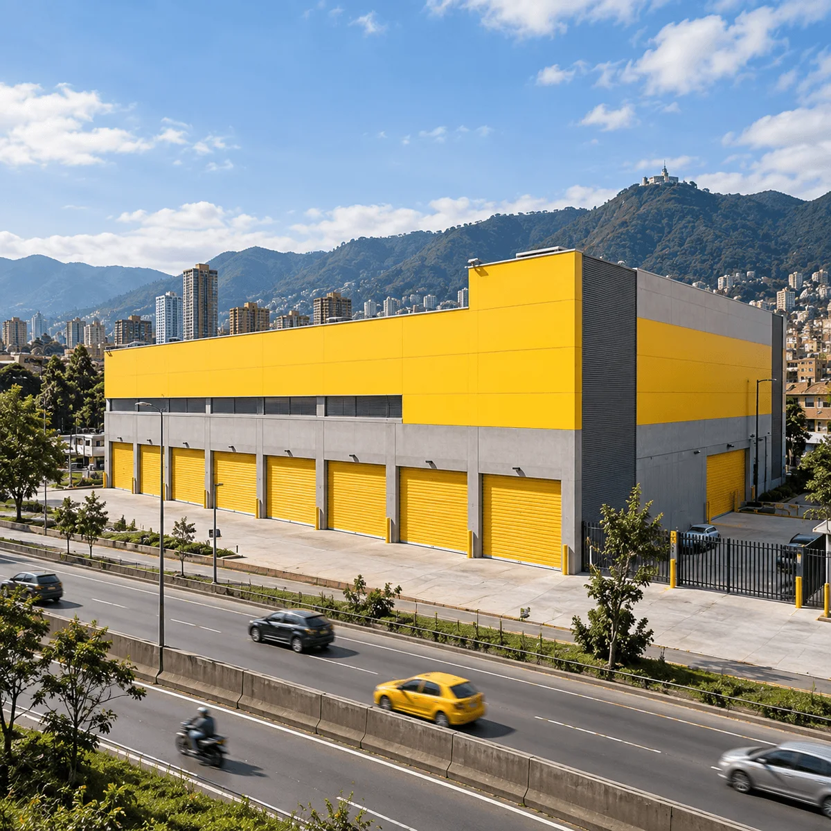 Bodega amplia con fachada amarilla y puertas de persiana en Paloquemao