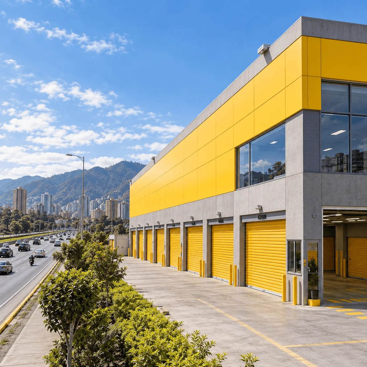 Sede de minibodegas con franja amarilla y pasillo de acceso en Paloquemao