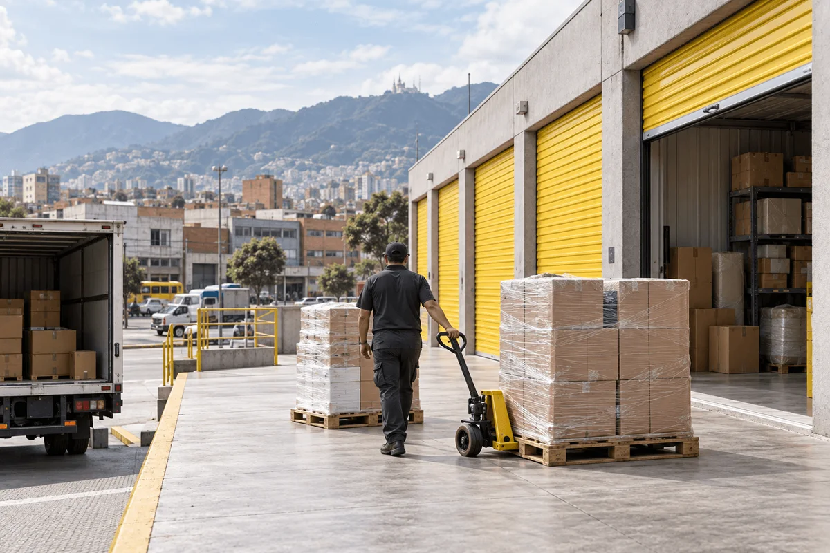 Operario moviendo una estiba de cajas con un gato hidráulico frente a minibodegas amarillas, junto a un camión de carga