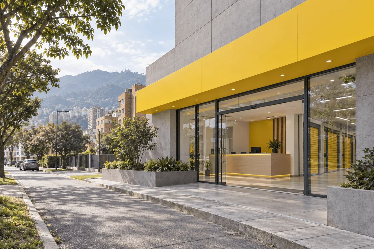 Entrada de vidrio con recepción bajo una marquesina amarilla, en una calle residencial arborizada