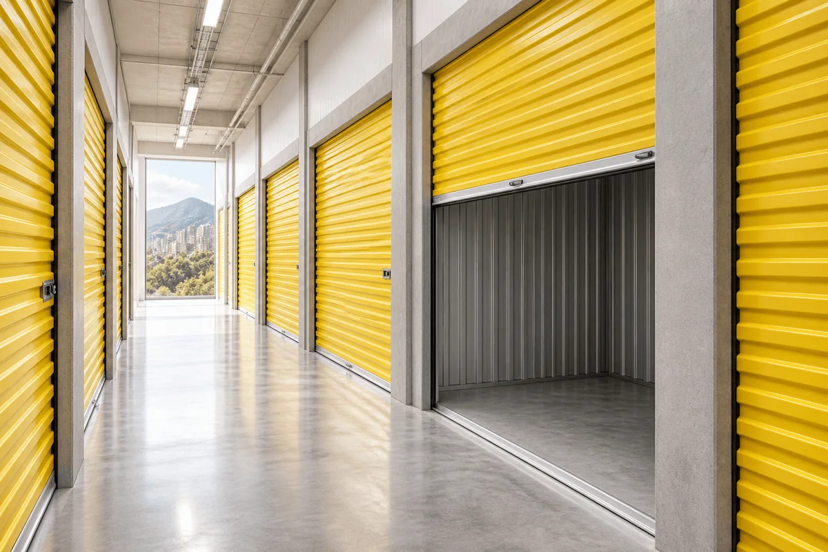 Pasillo iluminado de minibodegas amarillas con una bodega vacía abierta