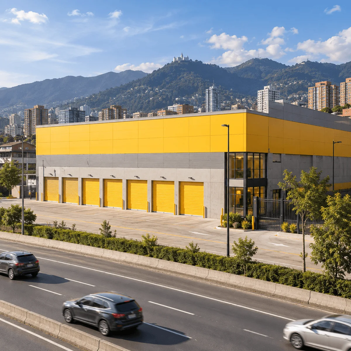 Edificio de minibodegas amarillas de la sede Spring, con los cerros de Bogotá al fondo