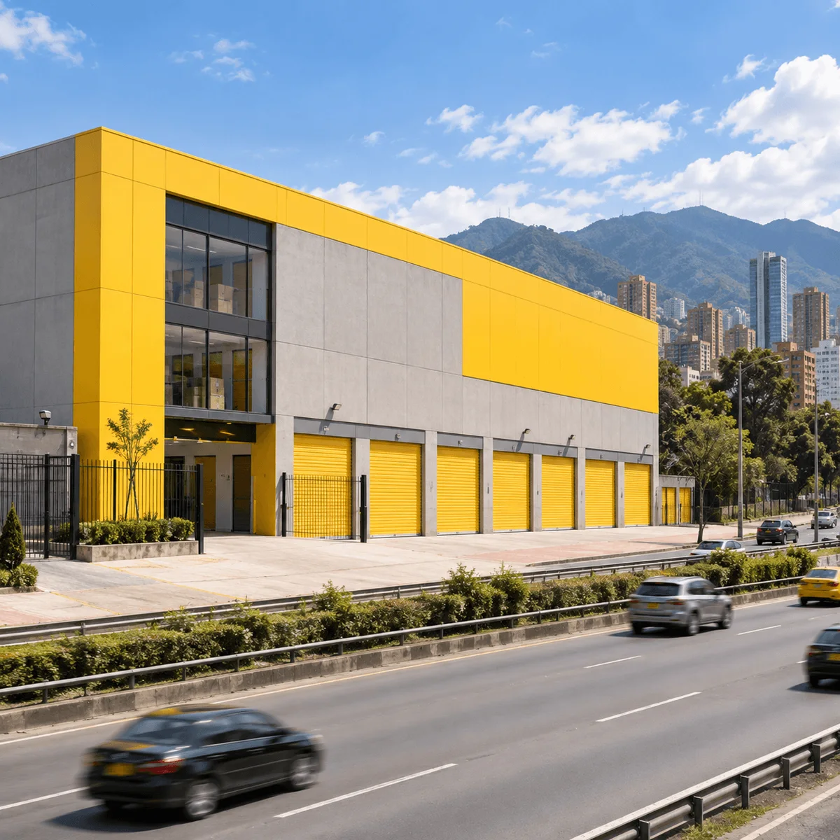 Sede de minibodegas con esquina amarilla y entrada de vidrio en Toberín