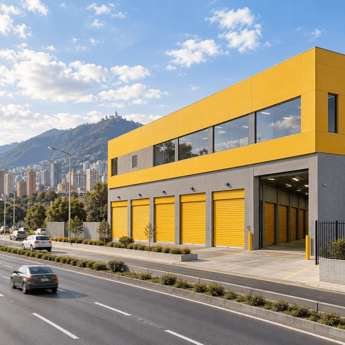 Minibodegas de puertas amarillas con acceso vehicular cubierto en Toberín