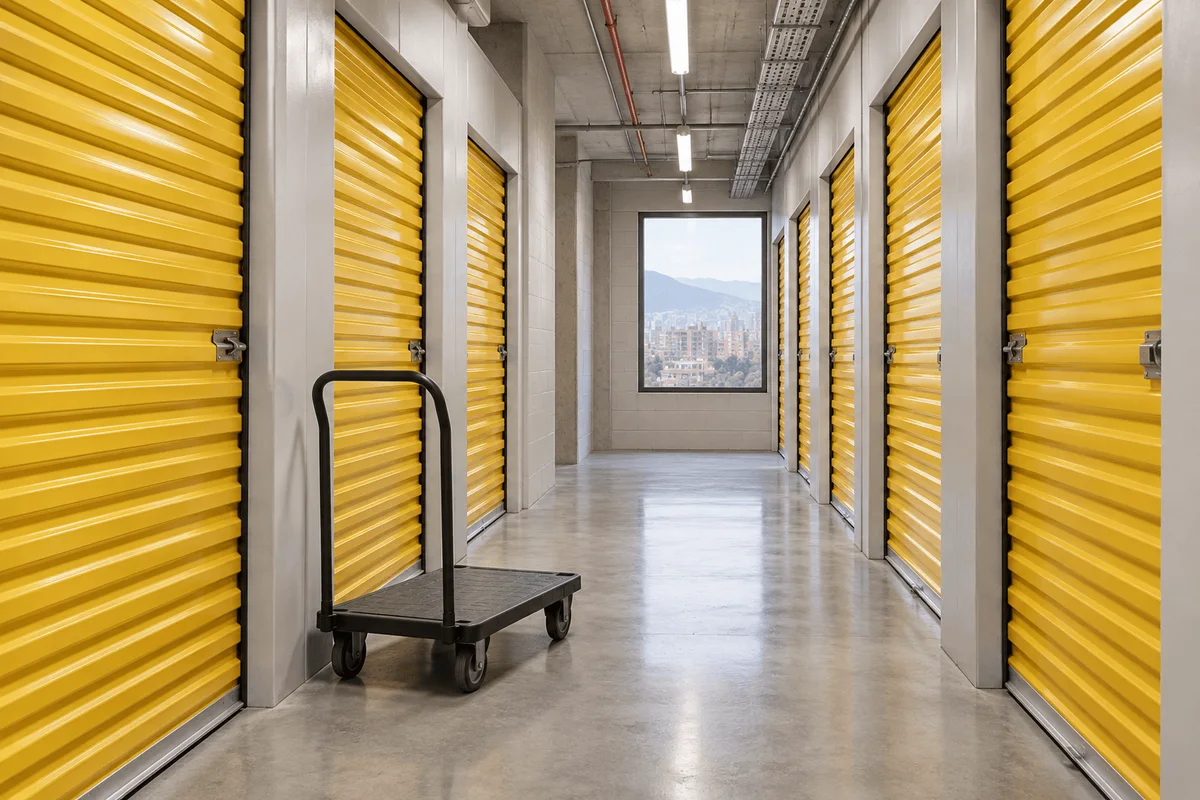 Pasillo de minibodegas con puertas amarillas y un carro de carga, con una ventana hacia la ciudad