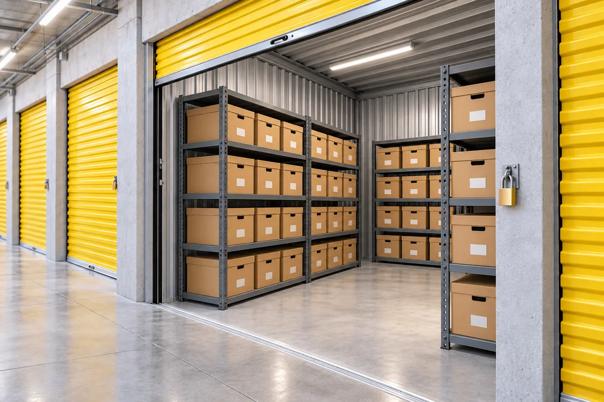 Cajas de archivo rotuladas en estanterías metálicas dentro de una minibodega de puerta amarilla