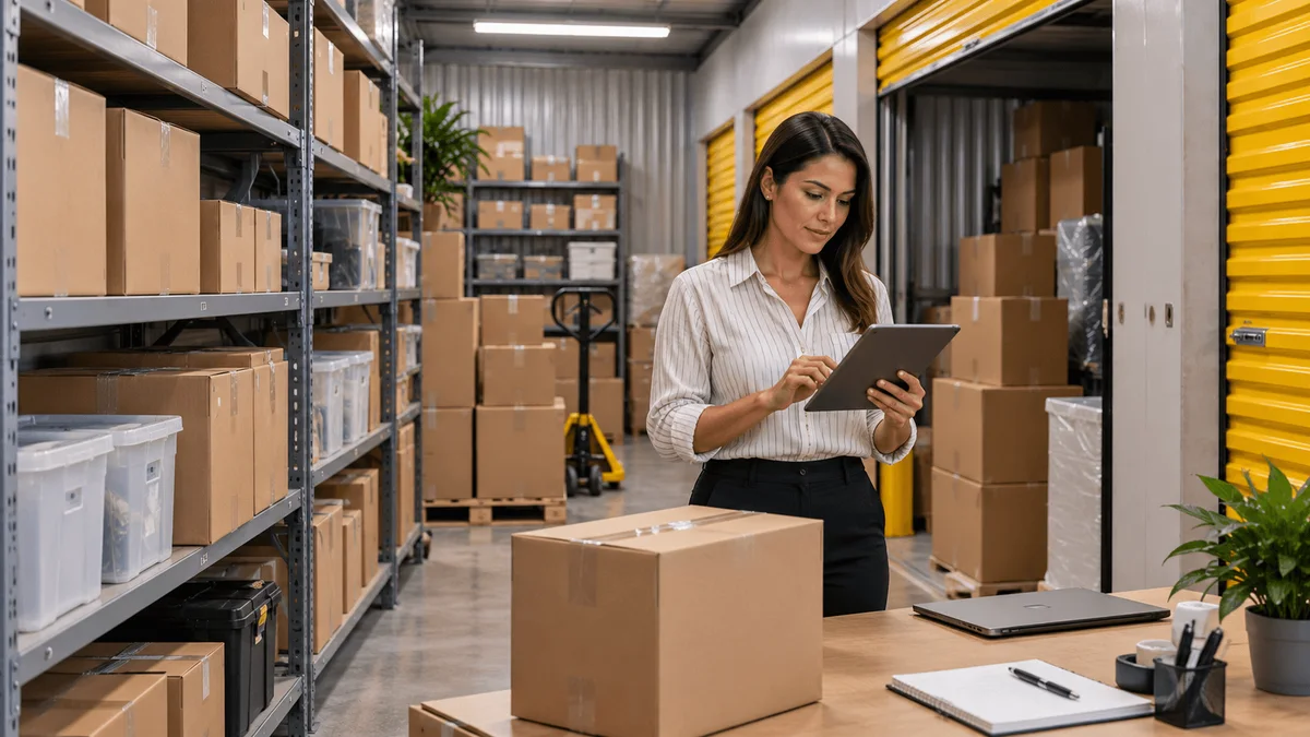 Mujer revisando inventario con una tableta entre estanterías y minibodegas de puertas amarillas