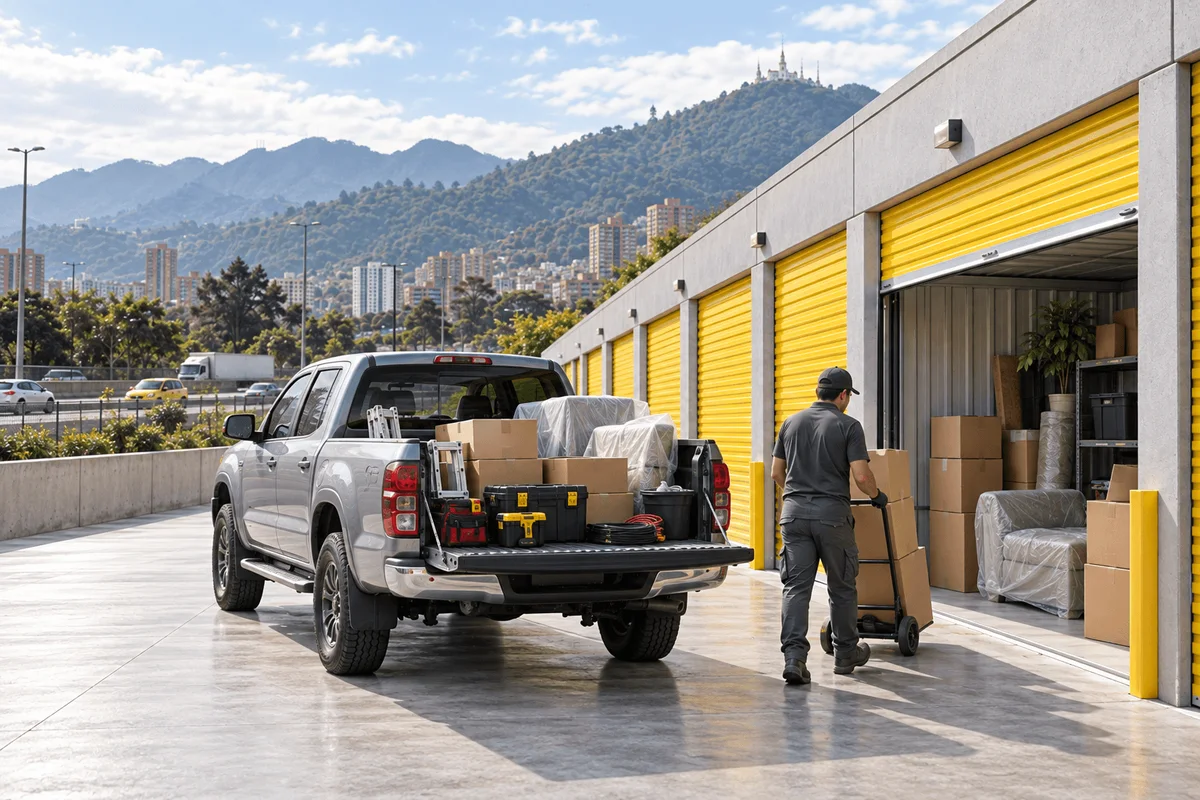 Camioneta con herramienta y cajas junto a una minibodega de puerta amarilla, donde un operario entra cajas en carretilla, con los cerros de Bogotá al fondo