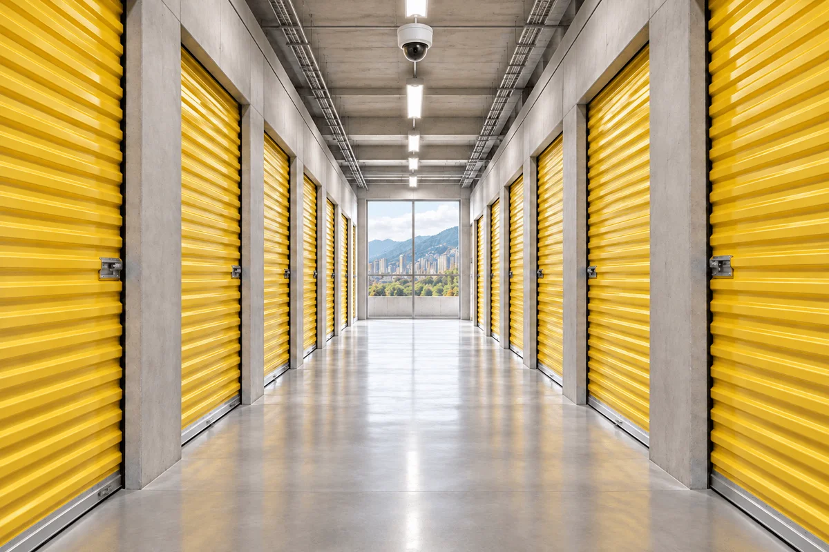 Cámara de seguridad en el techo de un pasillo de minibodegas con puertas amarillas y un ventanal hacia los cerros de Bogotá
