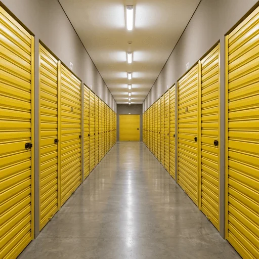 Pasillo de minibodegas con puertas de persiana amarillas y piso de concreto pulido