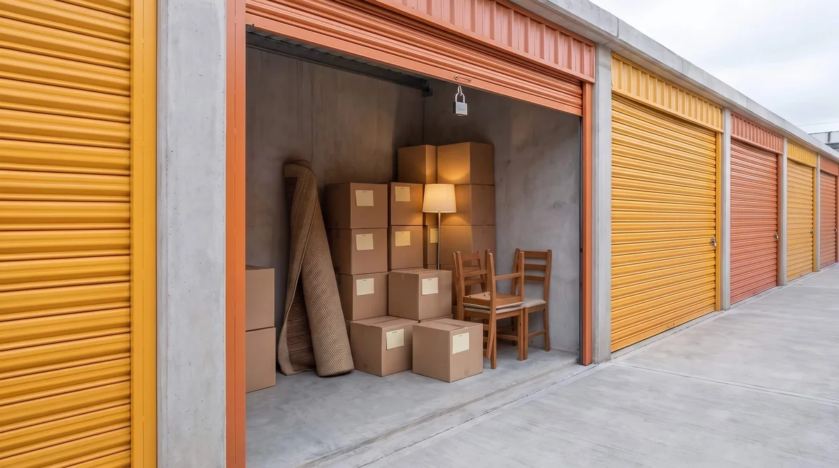 Minibodega abierta con cajas etiquetadas, un tapete, una lámpara y sillas, con candado en la puerta