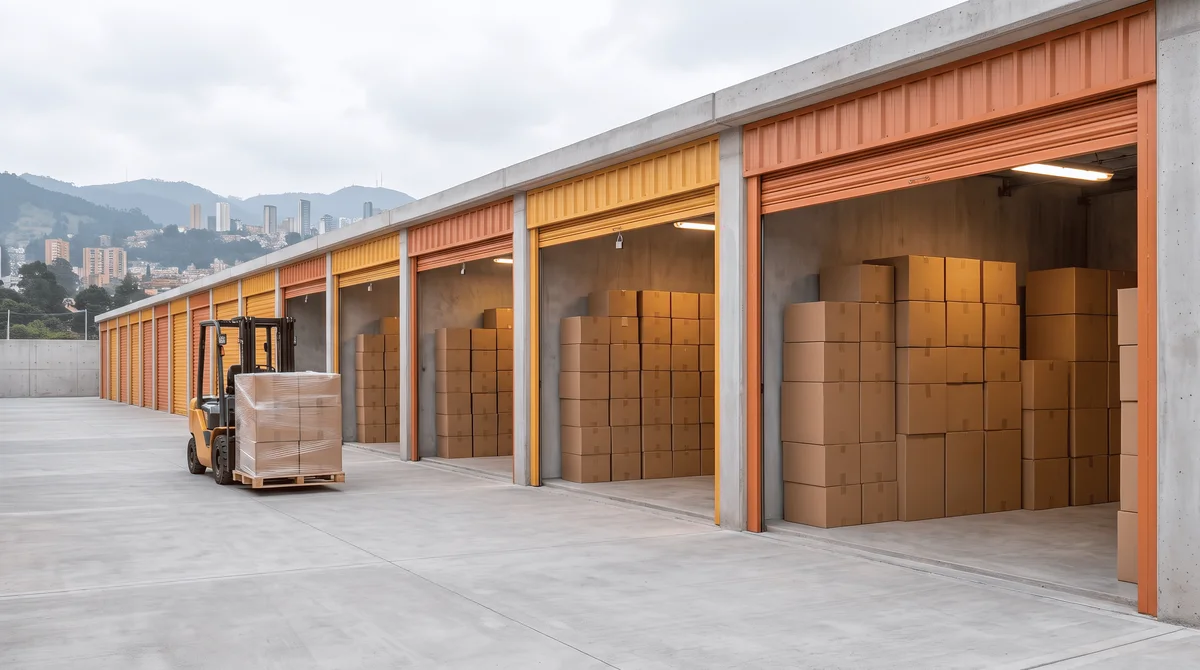 Patio de carga con un montacargas llevando una estiba hacia minibodegas abiertas, con los cerros de Bogotá al fondo