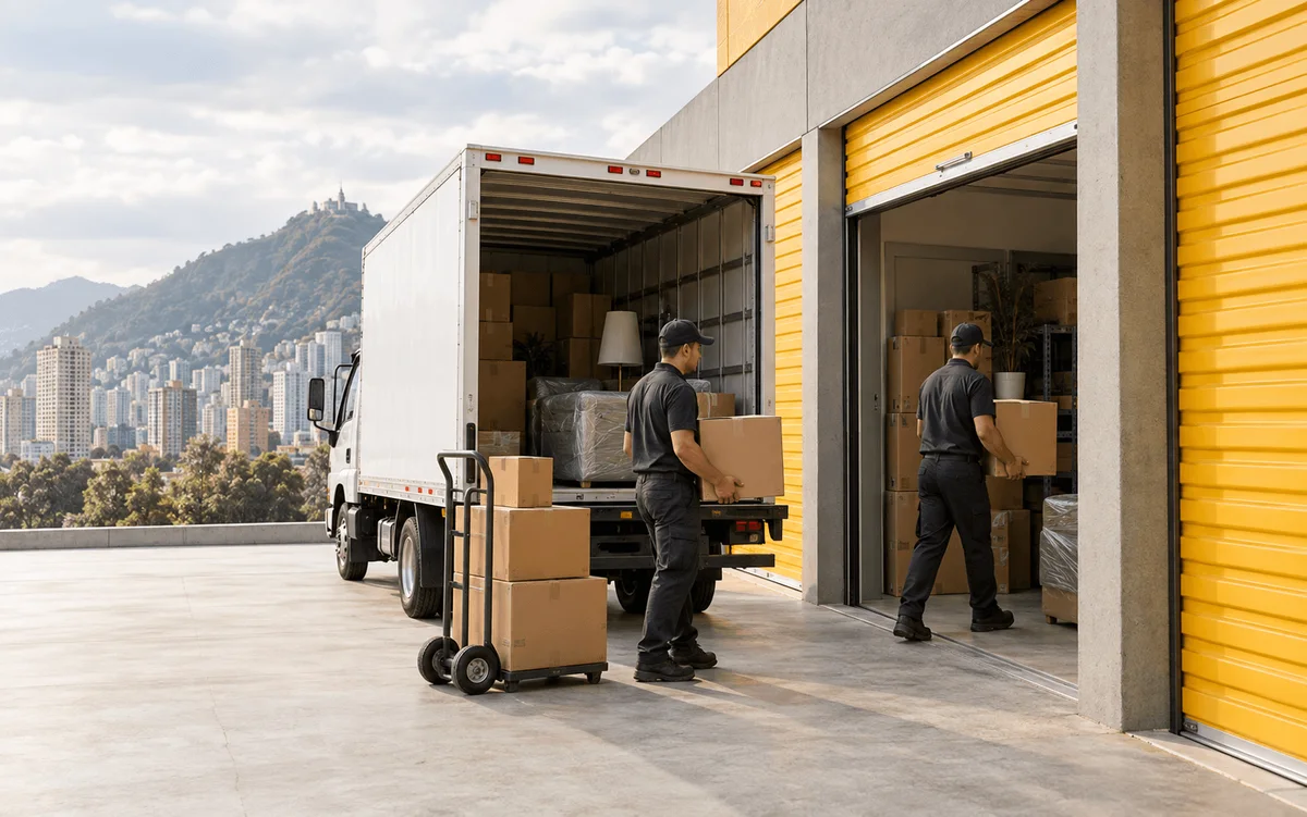 Dos operarios descargan cajas de un camión hacia una minibodega de puertas amarillas, con los cerros de Bogotá al fondo