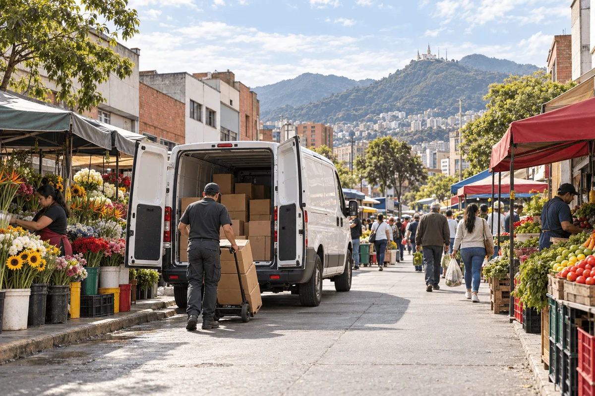 Calle comercial del centro de Bogotá con puestos de flores y frutas y una furgoneta descargando cajas, con Monserrate al fondo