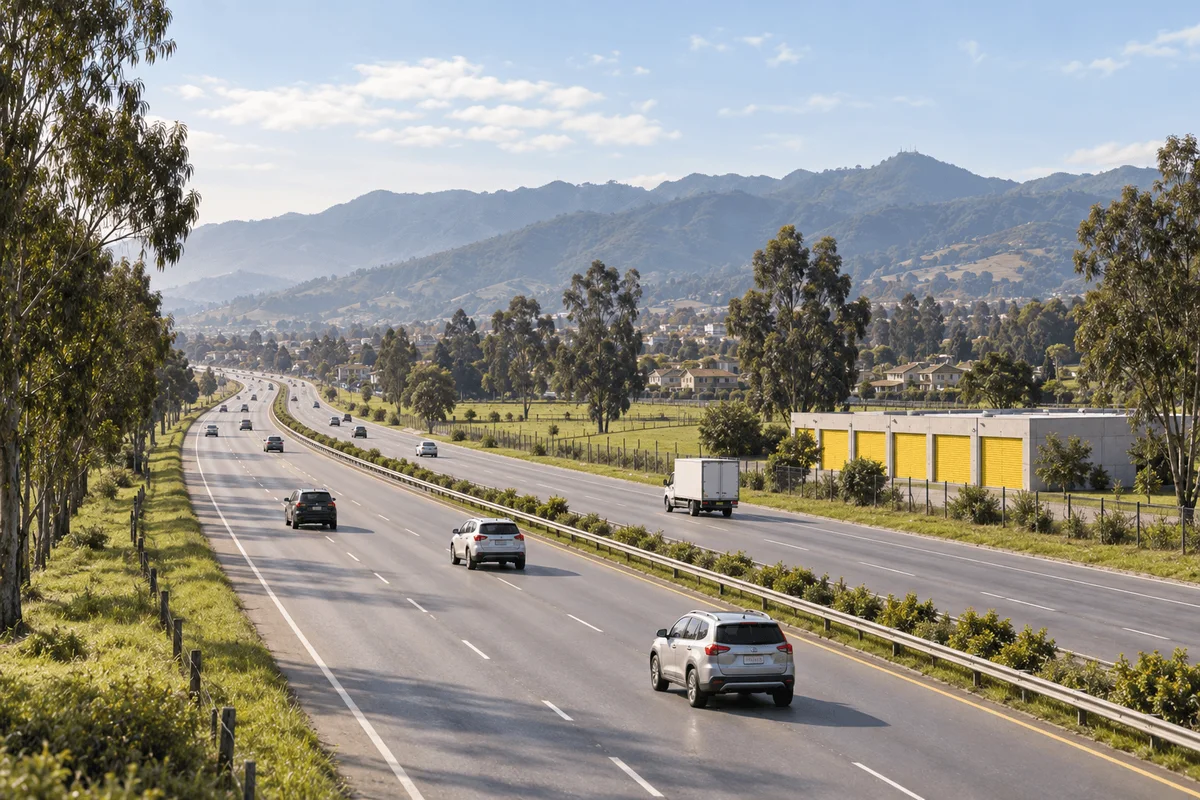Autopista saliendo de Bogotá hacia la Sabana entre eucaliptos y potreros verdes, con minibodegas de puertas amarillas junto a la vía