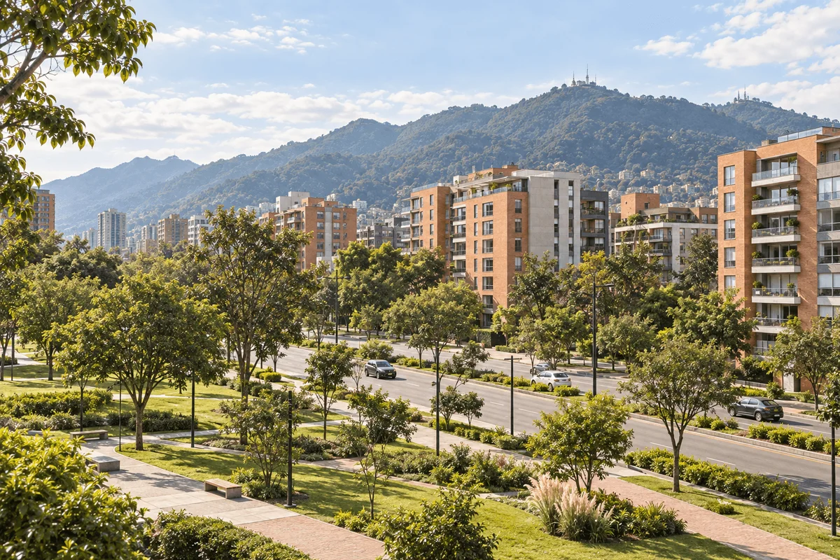 Conjuntos residenciales de ladrillo junto a un parque y una avenida arborizada, con los cerros al fondo