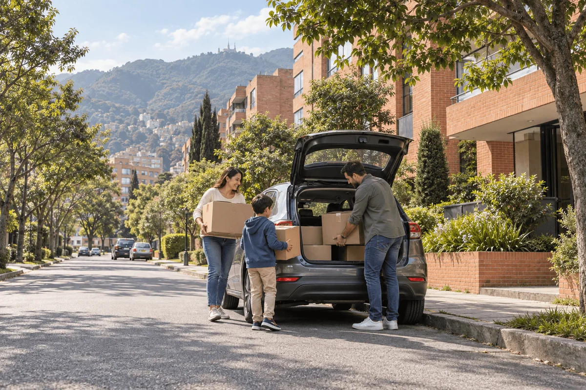 Familia cargando cajas de mudanza en un carro, en una calle arborizada de edificios de ladrillo con los cerros al fondo