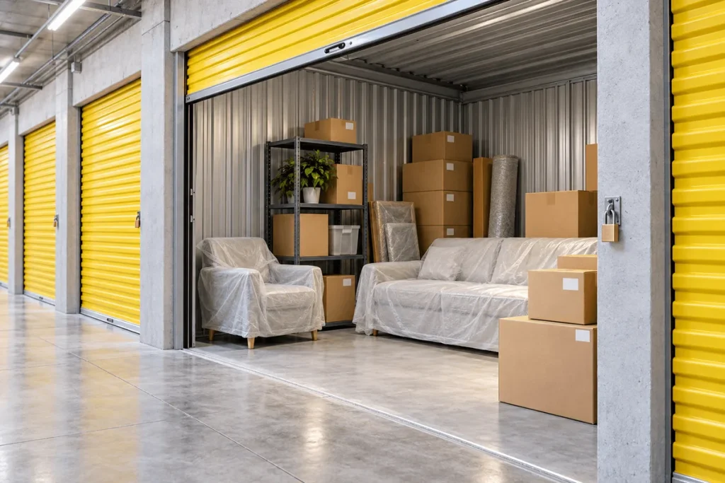 Minibodega abierta con cajas, estantería y muebles cubiertos con plástico, con candado en la puerta