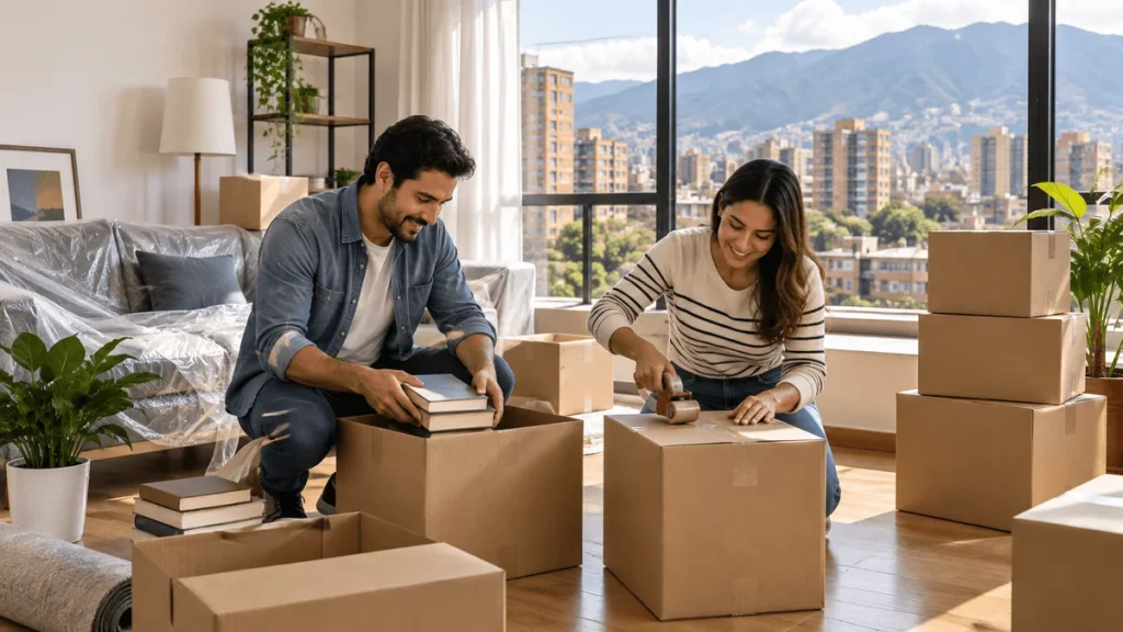 Pareja empacando libros y pertenencias en cajas en su apartamento, con vista a Bogotá