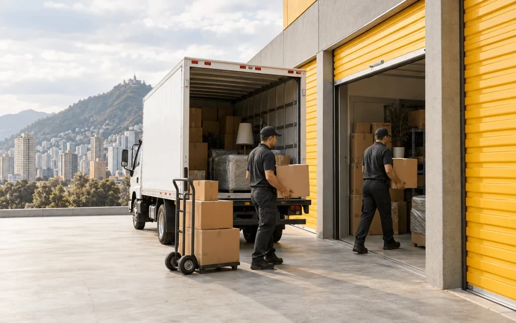 Dos operarios descargan cajas de un camión hacia una minibodega de puertas amarillas, con los cerros de Bogotá al fondo